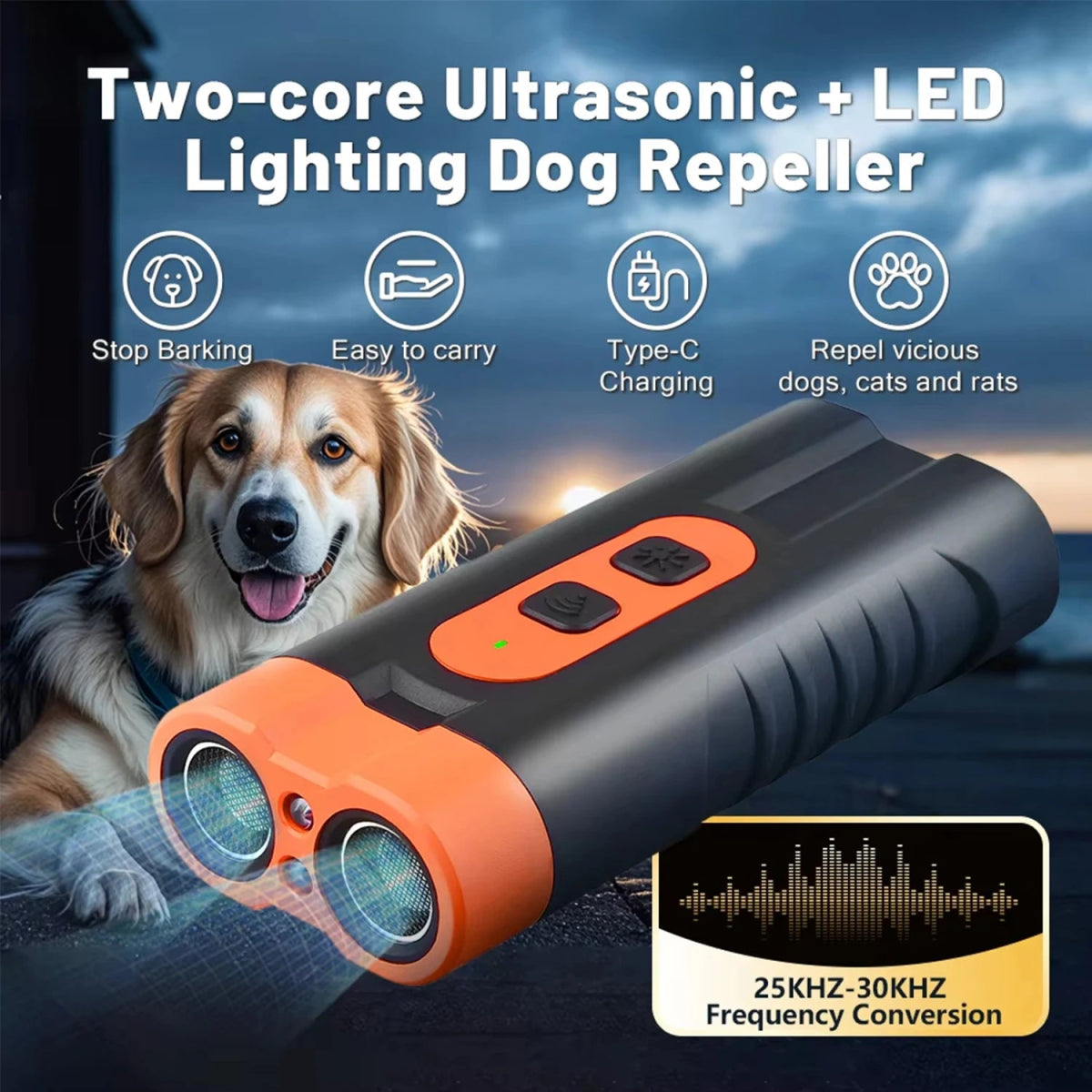 New Dual Head Ultrasonic Dog Repeller USB Rechargeable Dog Training Device High - Power Anti Bark Device with LED Flashlight - Lily.sg Global Shopping