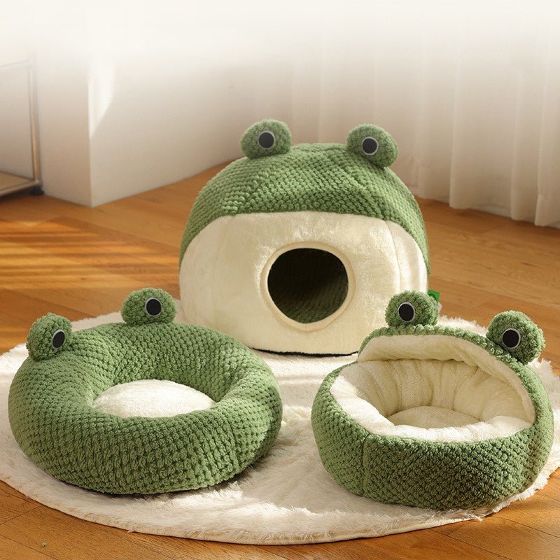 New Pet Nest Winter Warm Dog Den Cat Villa Plush Pets Mattress Small Frog Shape Semi Enclosed Kitten Puppy House Pet Supplies - Lily.sg Global Shopping