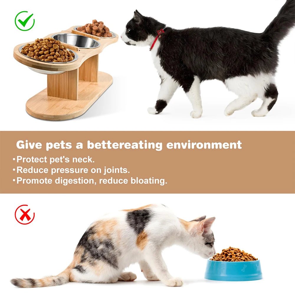 Raised Cat Feeder 3 Bowls in 1 Feeding & Watering Supplies 15° Raised Puppy 3 Stainless Steel Bowls Wood Stand Cats Accessories - Lily.sg Global Shopping
