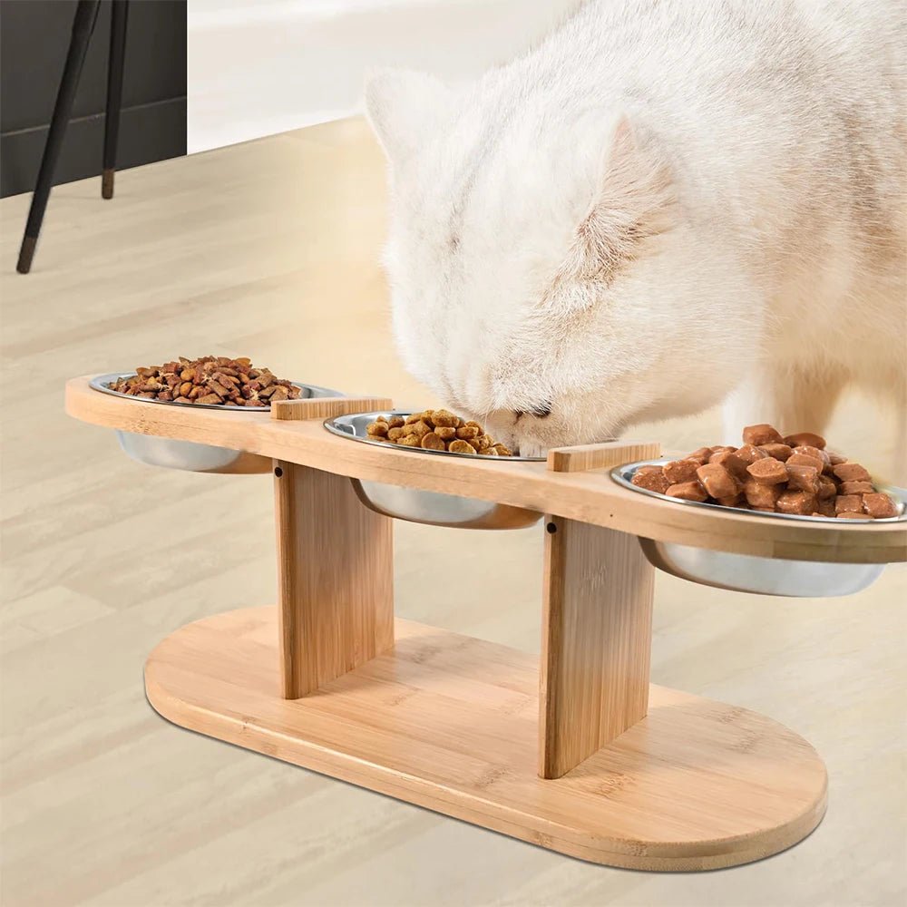 Raised Cat Feeder 3 Bowls in 1 Feeding & Watering Supplies 15° Raised Puppy 3 Stainless Steel Bowls Wood Stand Cats Accessories - Lily.sg Global Shopping