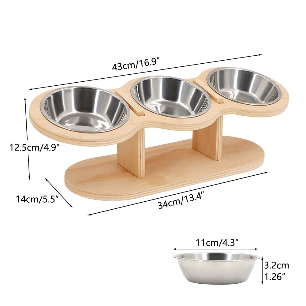 Raised Cat Feeder 3 Bowls in 1 Feeding & Watering Supplies 15° Raised Puppy 3 Stainless Steel Bowls Wood Stand Cats Accessories - Lily.sg Global Shopping