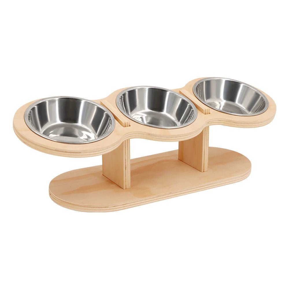 Raised Cat Feeder 3 Bowls in 1 Feeding & Watering Supplies 15° Raised Puppy 3 Stainless Steel Bowls Wood Stand Cats Accessories - Lily.sg Global Shopping