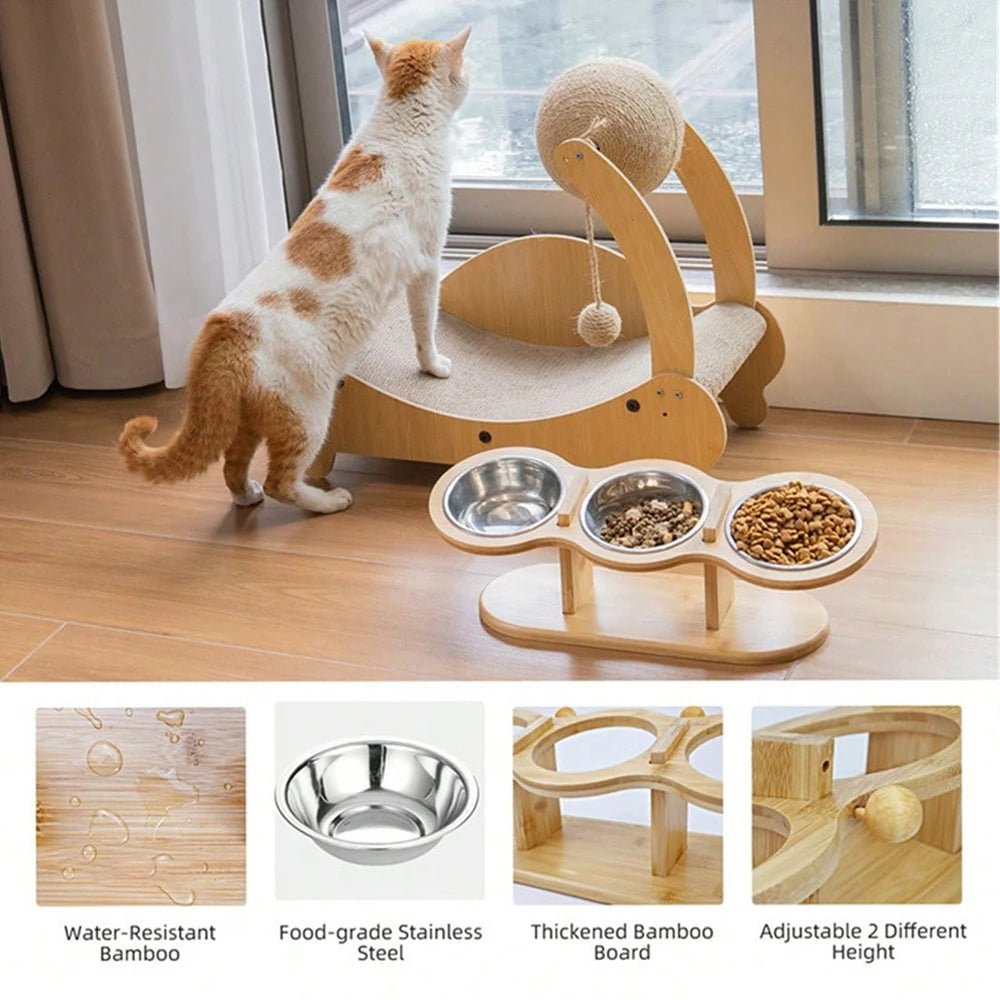 Raised Cat Feeder 3 Bowls in 1 Feeding & Watering Supplies 15° Raised Puppy 3 Stainless Steel Bowls Wood Stand Cats Accessories - Lily.sg Global Shopping