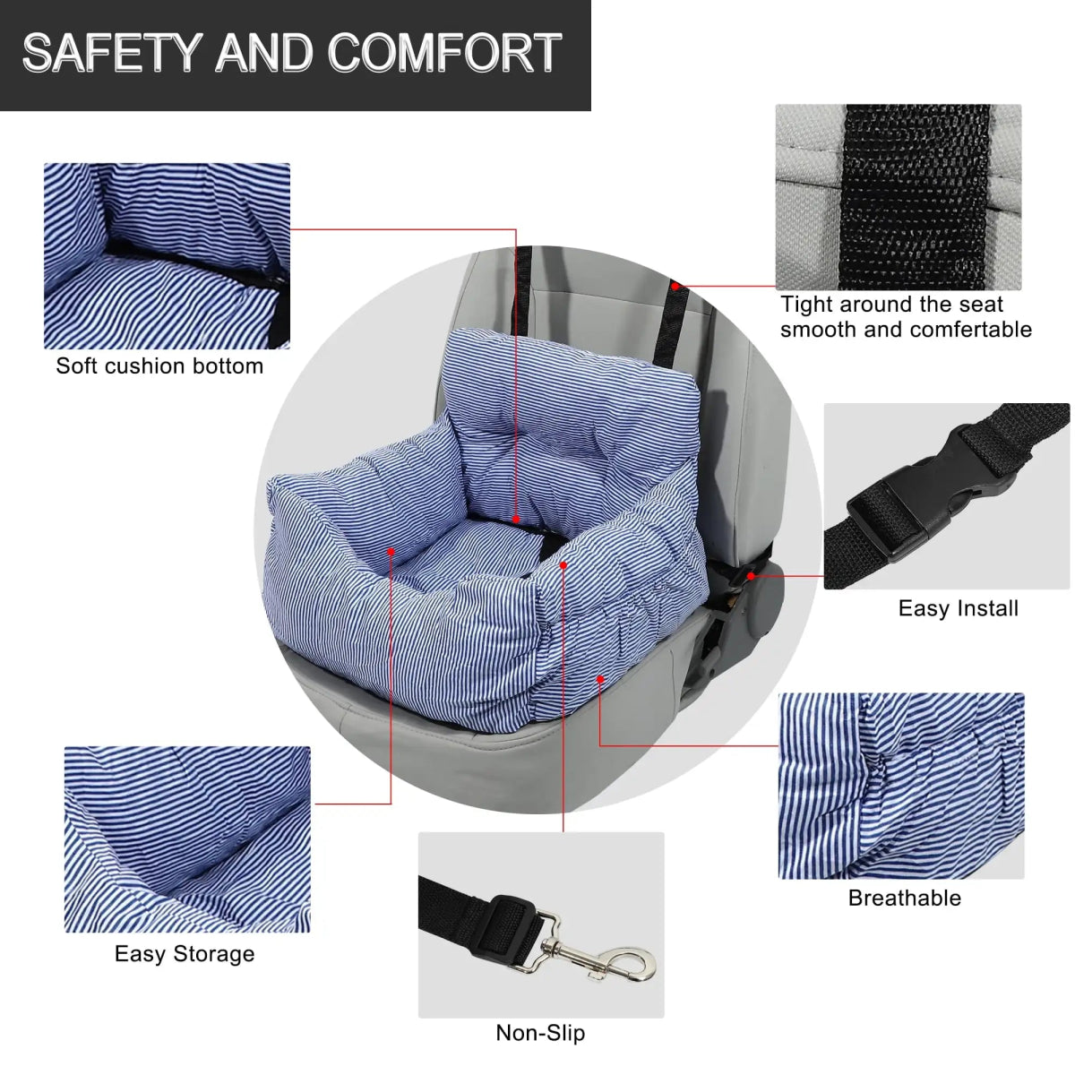 Unique Stripe Dog Car Seat with Straps Soft Dog Booster Seat for Small Medium Large Dogs and Cats Pet Carrier Bag - Lily.sg Global Shopping